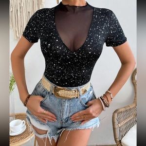 Luxe Sheer Mesh Short Sleeve Evening Party Top Blouse Shirt Black